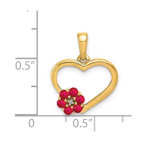 14k Yellow Gold Diamond & Red Ruby Heart w/ Flower Necklace Charm Pendant - Picture 4 of 4